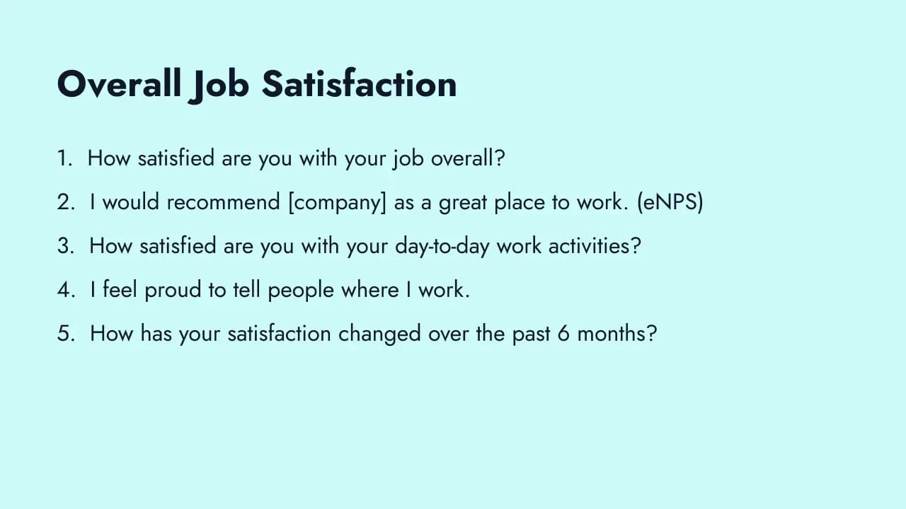 Employee satisfaction survey questions across compensation, culture, and wellbeing