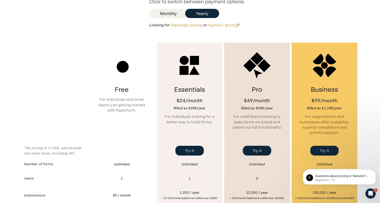 Paperform pricing page showing Free, Essentials, Pro, and Business tiers
