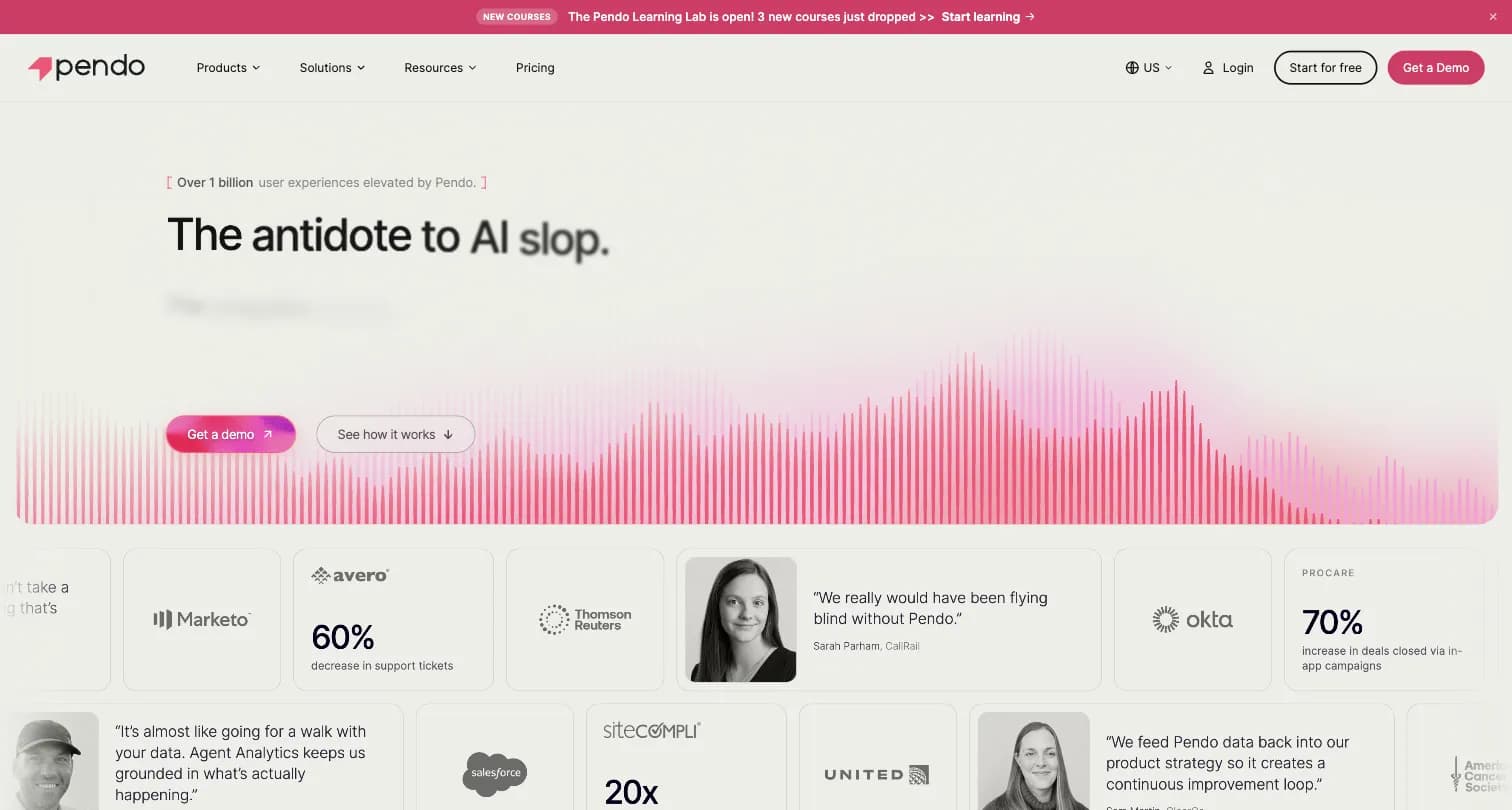 Pendo product experience platform homepage