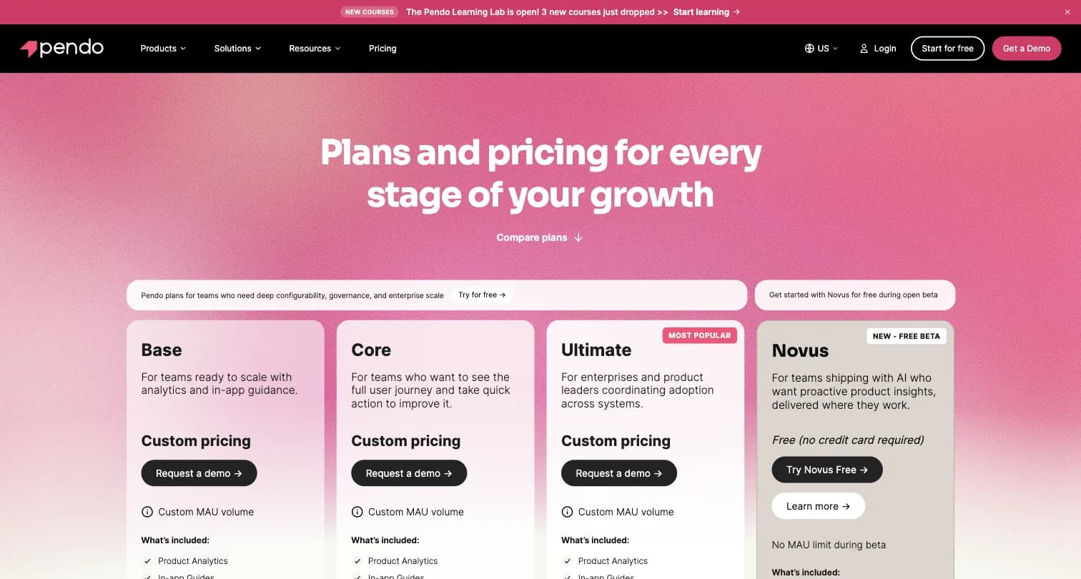 Pendo pricing page showing Base, Core, and Ultimate tiers with no published prices