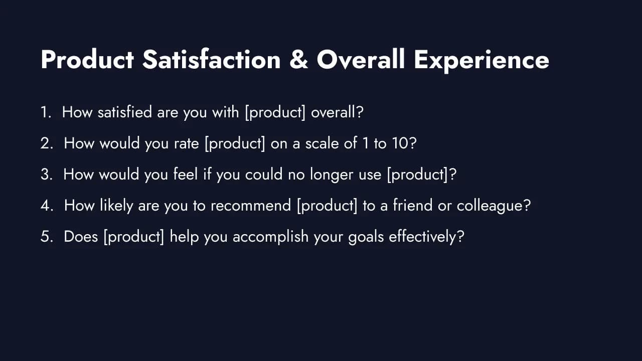 Product survey questions across satisfaction, usability, and pricing