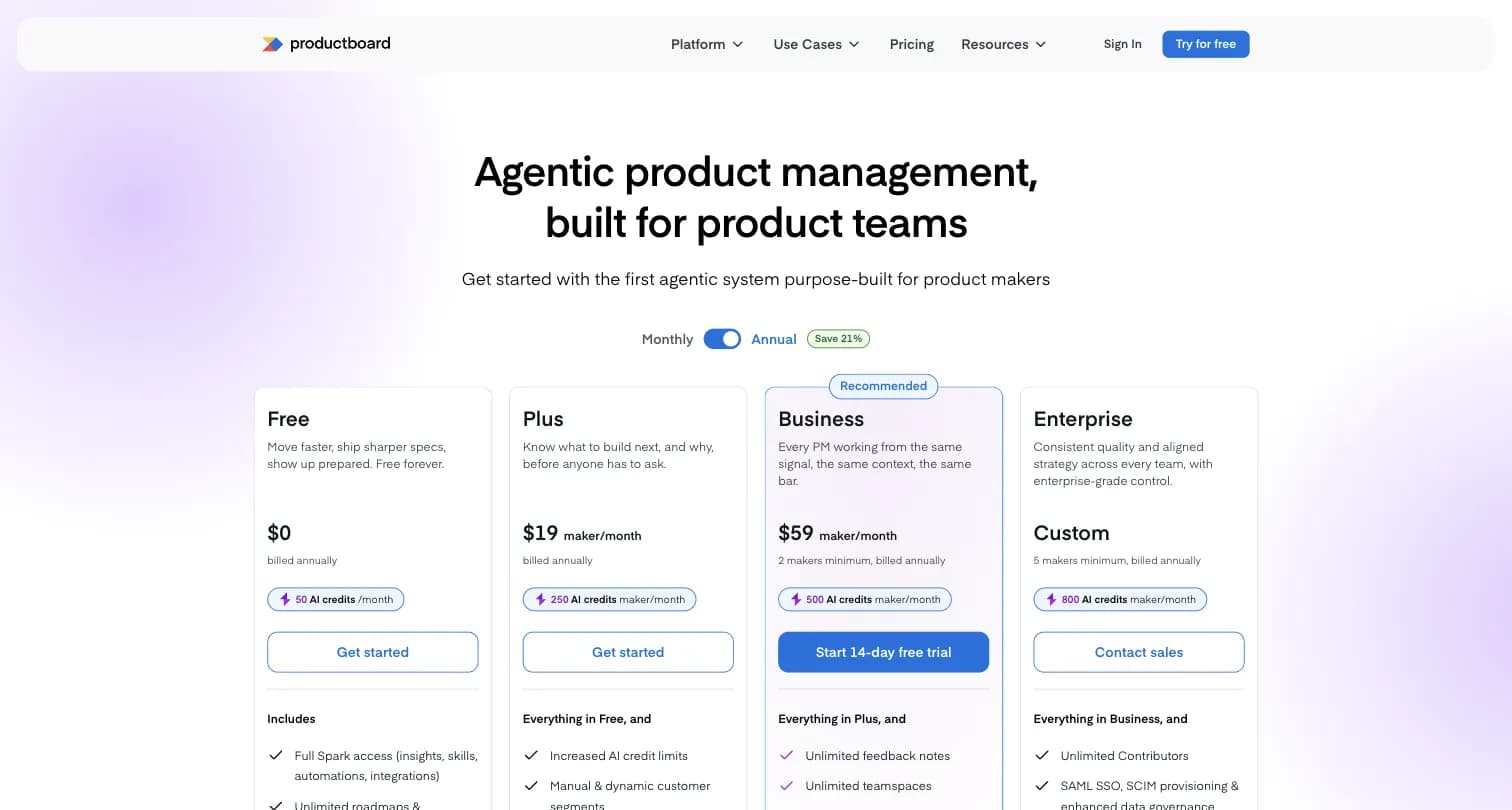 Productboard pricing page showing Free, Plus, Business, and Enterprise tiers