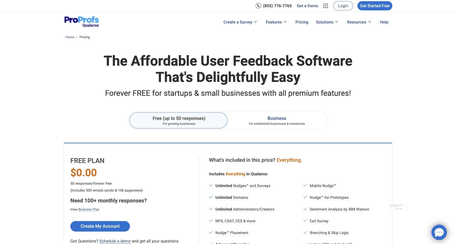Qualaroo pricing page showing Essentials, Business, and Enterprise tiers with pageview and email-send caps