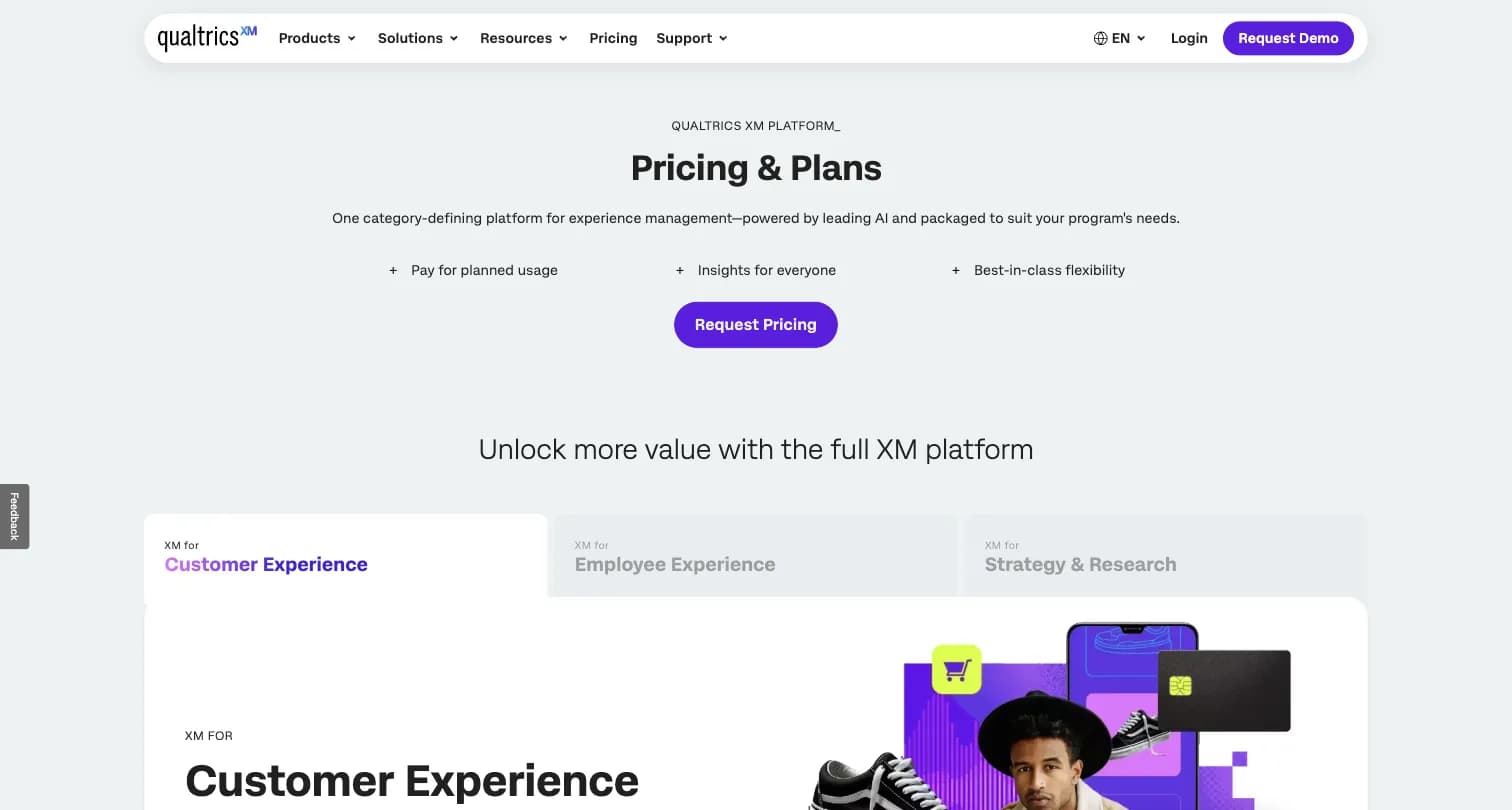 Qualtrics pricing page showing the Customer Experience, Employee Experience, and Strategy & Research tiers, all listed as Request Pricing except the self-serve Strategic Research option