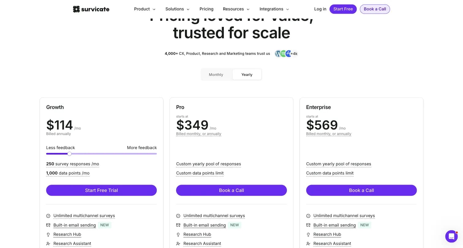 Survicate pricing page showing the Growth, Pro, and Enterprise plan cards