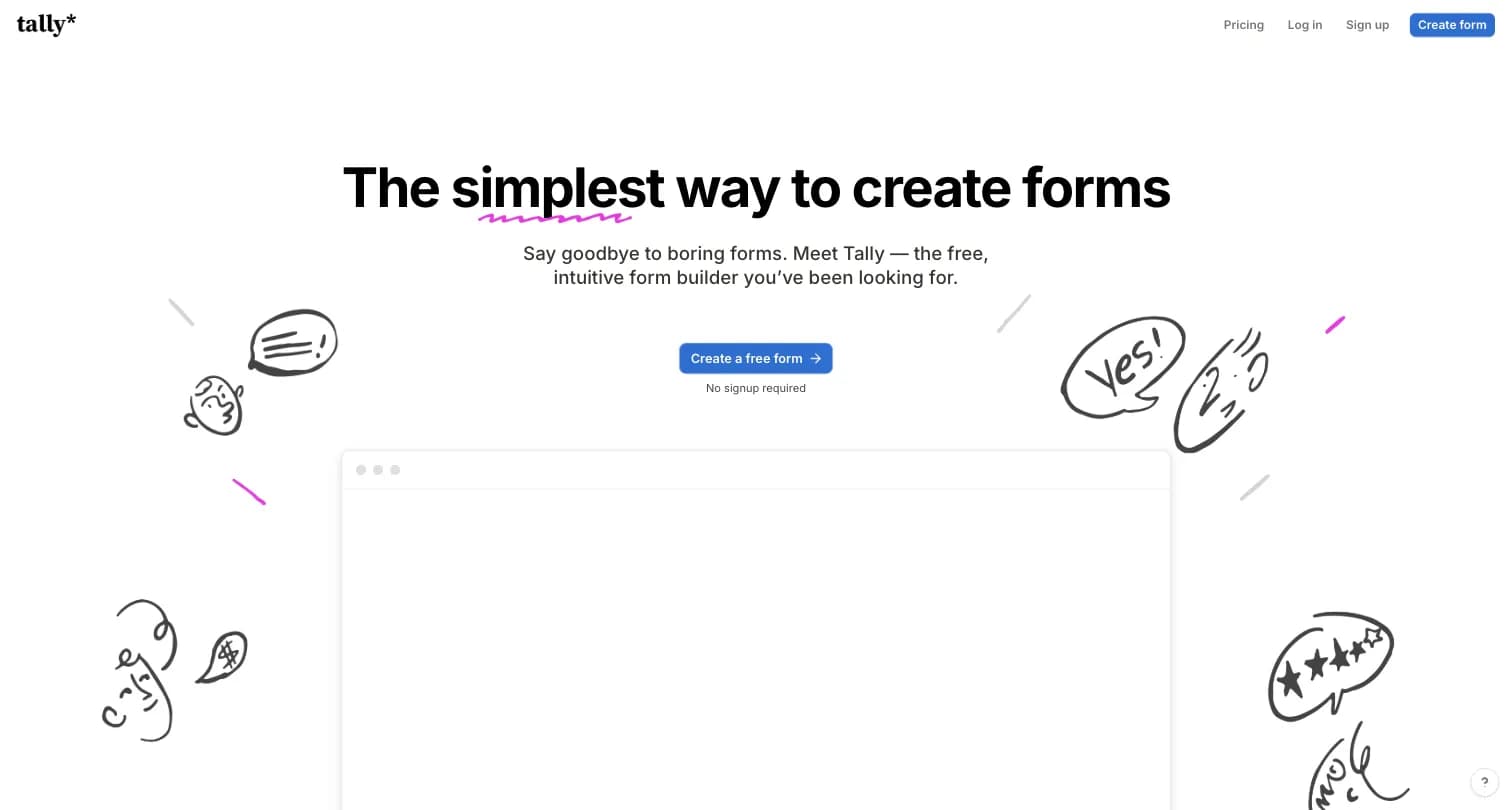 Tally homepage showing the free form builder with unlimited forms and submissions