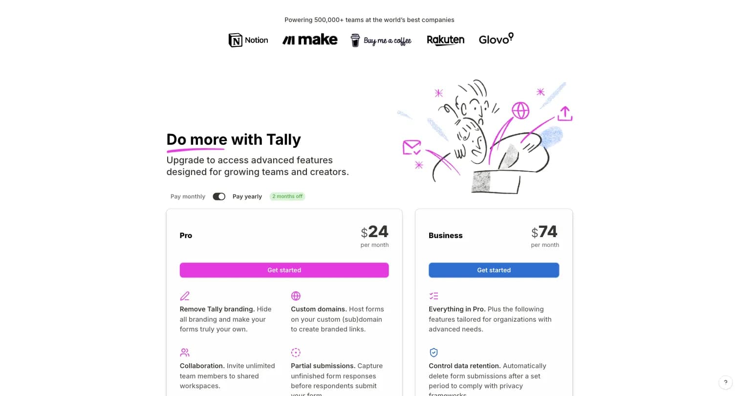 Tally's own pricing page showing the Pro and Business plans at $24 and $74 per month