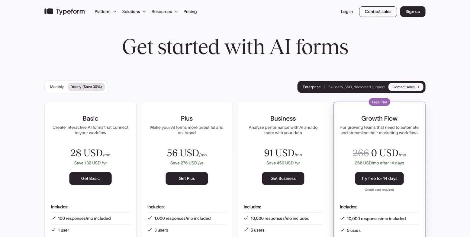 Typeform pricing page showing Basic, Plus, and Business plans with monthly and annual billing toggles