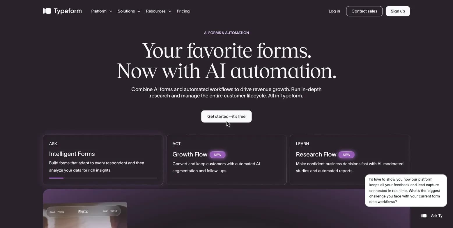 Typeform homepage positioning itself around AI forms and automated workflows