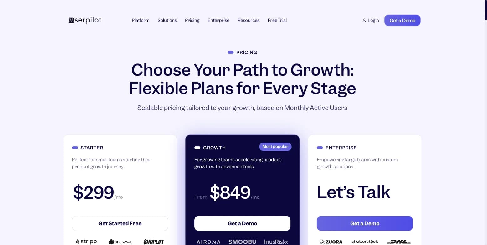 Userpilot pricing page showing Starter, Growth, and Enterprise tiers