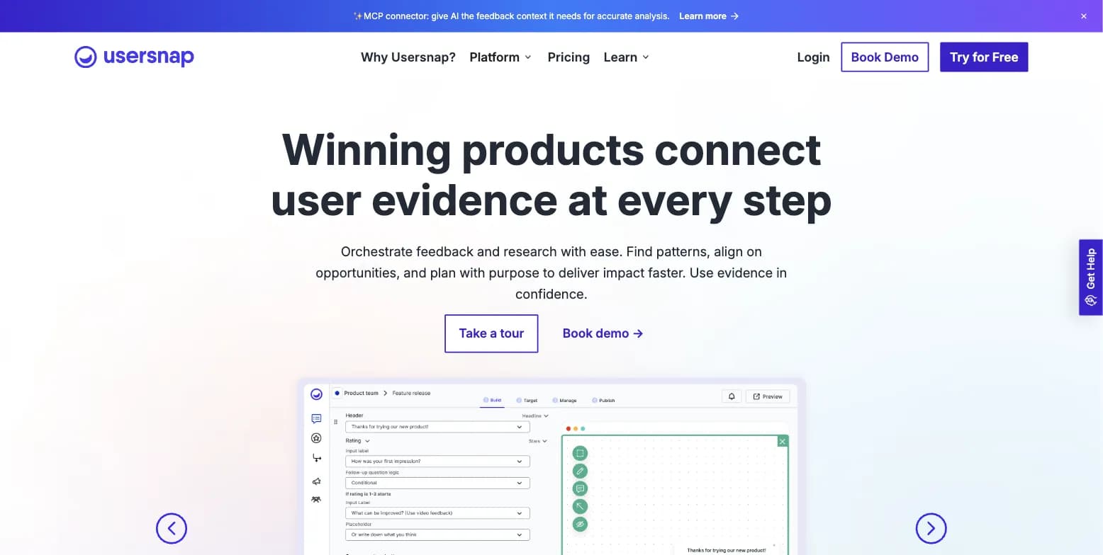 Usersnap visual feedback and bug reporting platform homepage