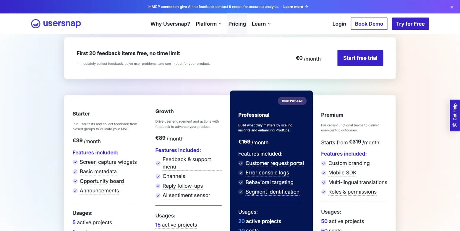 Usersnap pricing page showing Starter, Growth, Professional, Premium, and Enterprise tiers