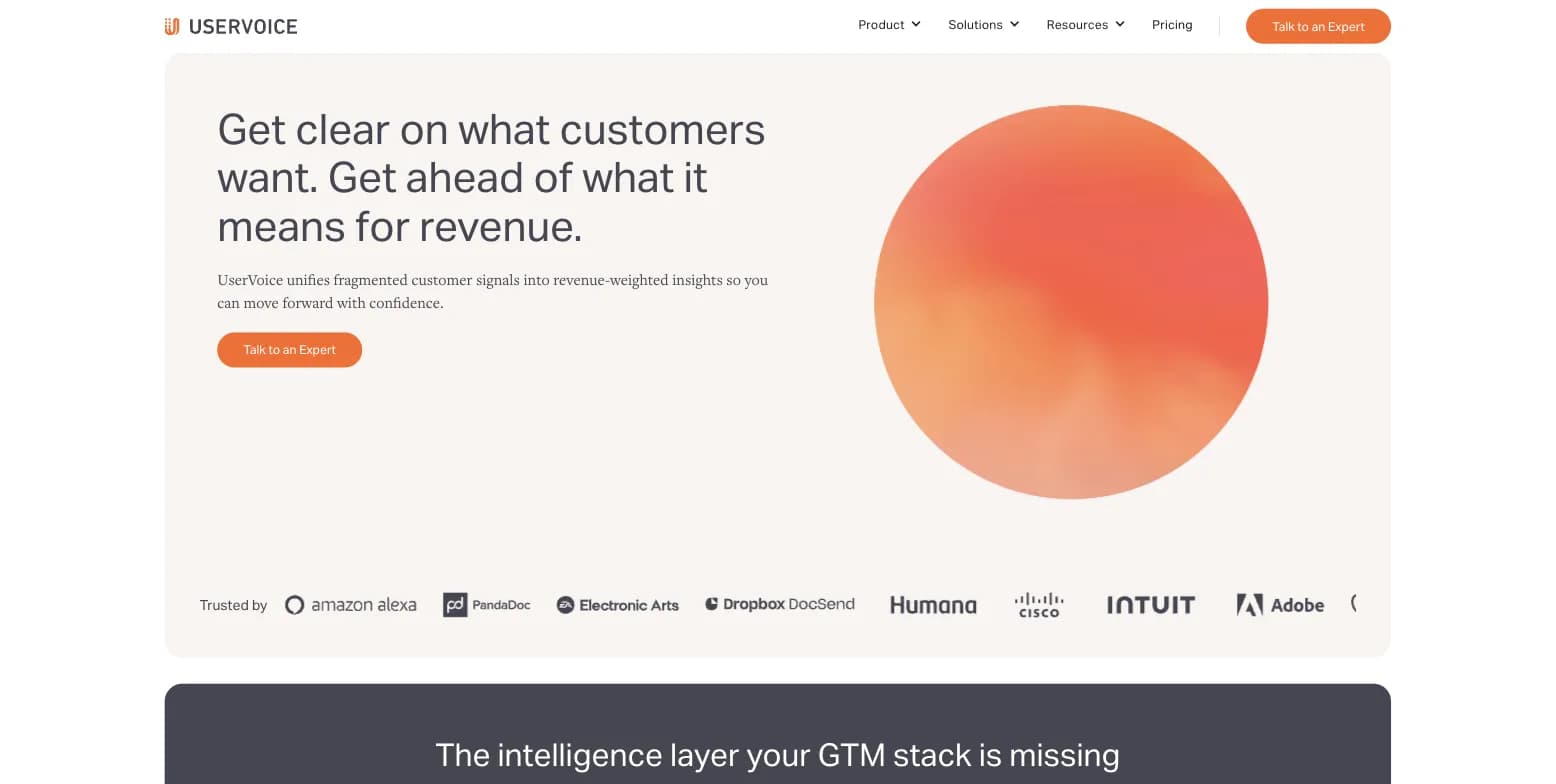 UserVoice customer intelligence and feedback management platform homepage