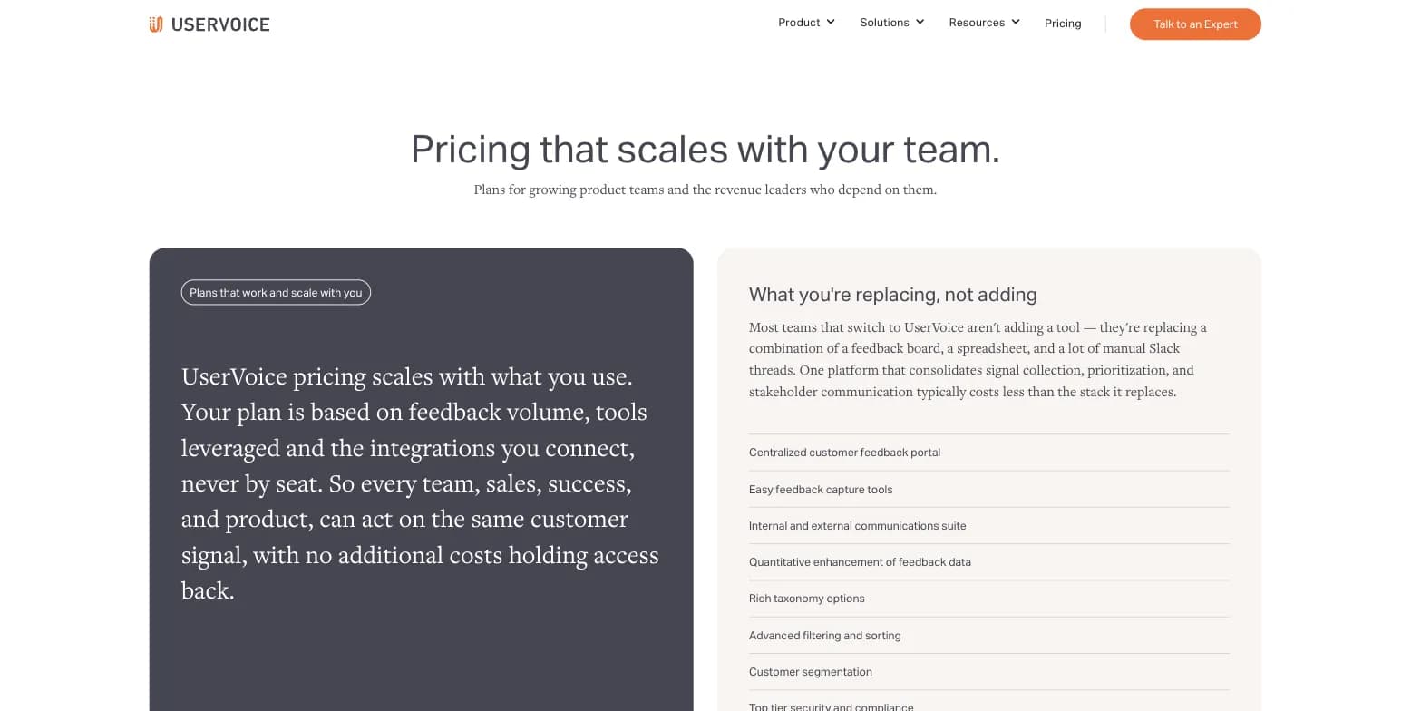 UserVoice pricing page showing no published dollar figures