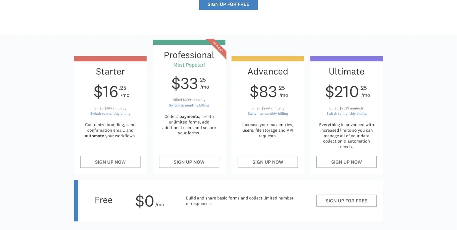 Wufoo pricing page showing Free, Starter, Professional, Advanced, and Ultimate plans