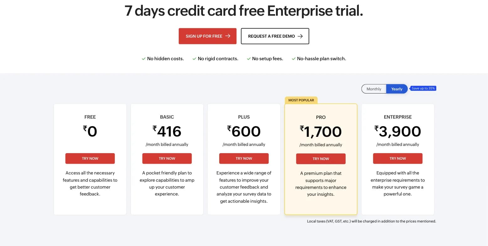 Zoho Survey pricing page showing Free, Basic, Plus, Pro, and Enterprise tiers