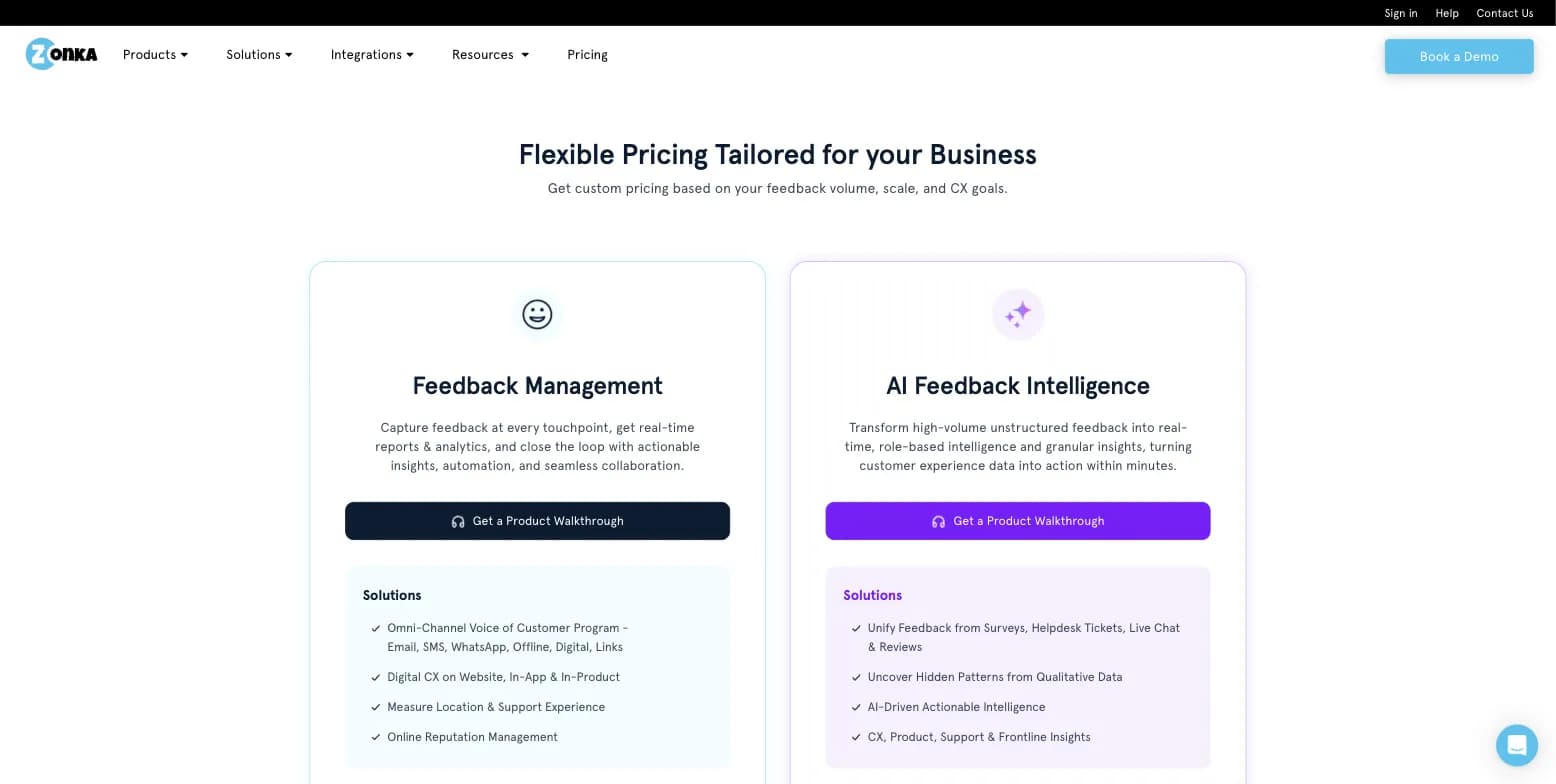 Zonka Feedback pricing page showing Feedback Management and AI Feedback Intelligence products with Get a Custom Quote buttons and no published dollar figures