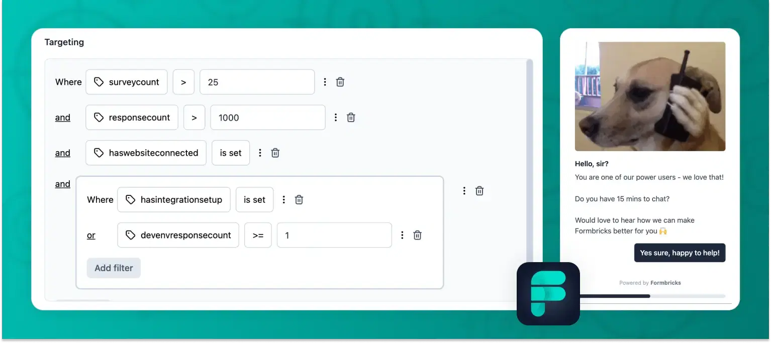 Formbricks in-app survey tool used for targeting of power users with embedded survey functionality