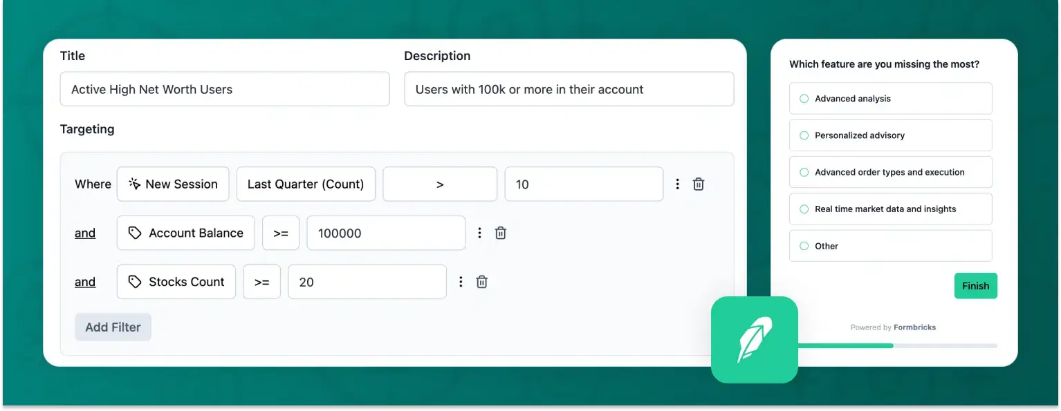 Robin Hood embedded survey to target high-net-worth users with an in-app survey tool for financial insights