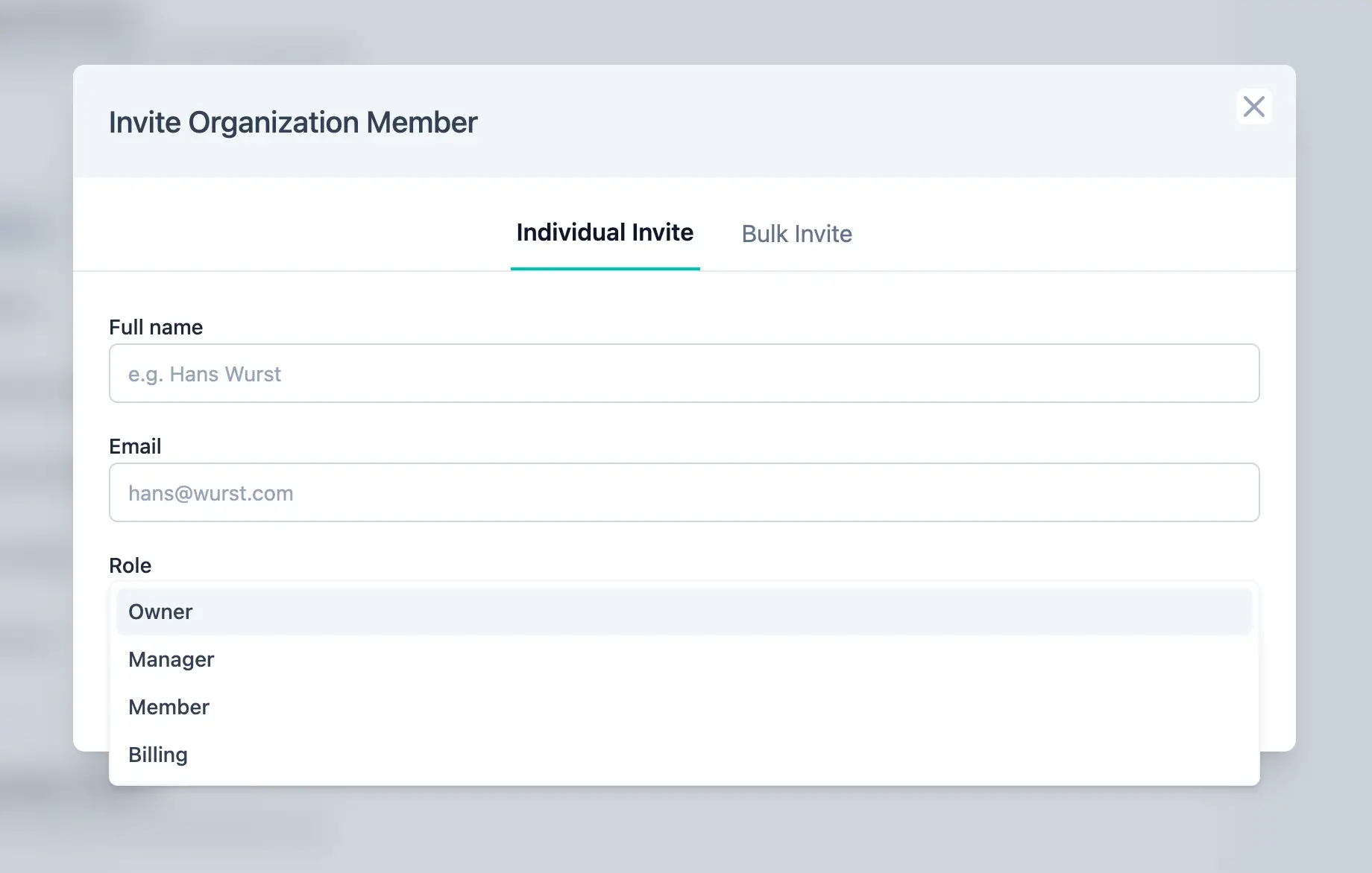 Individual Invite Modal Tab