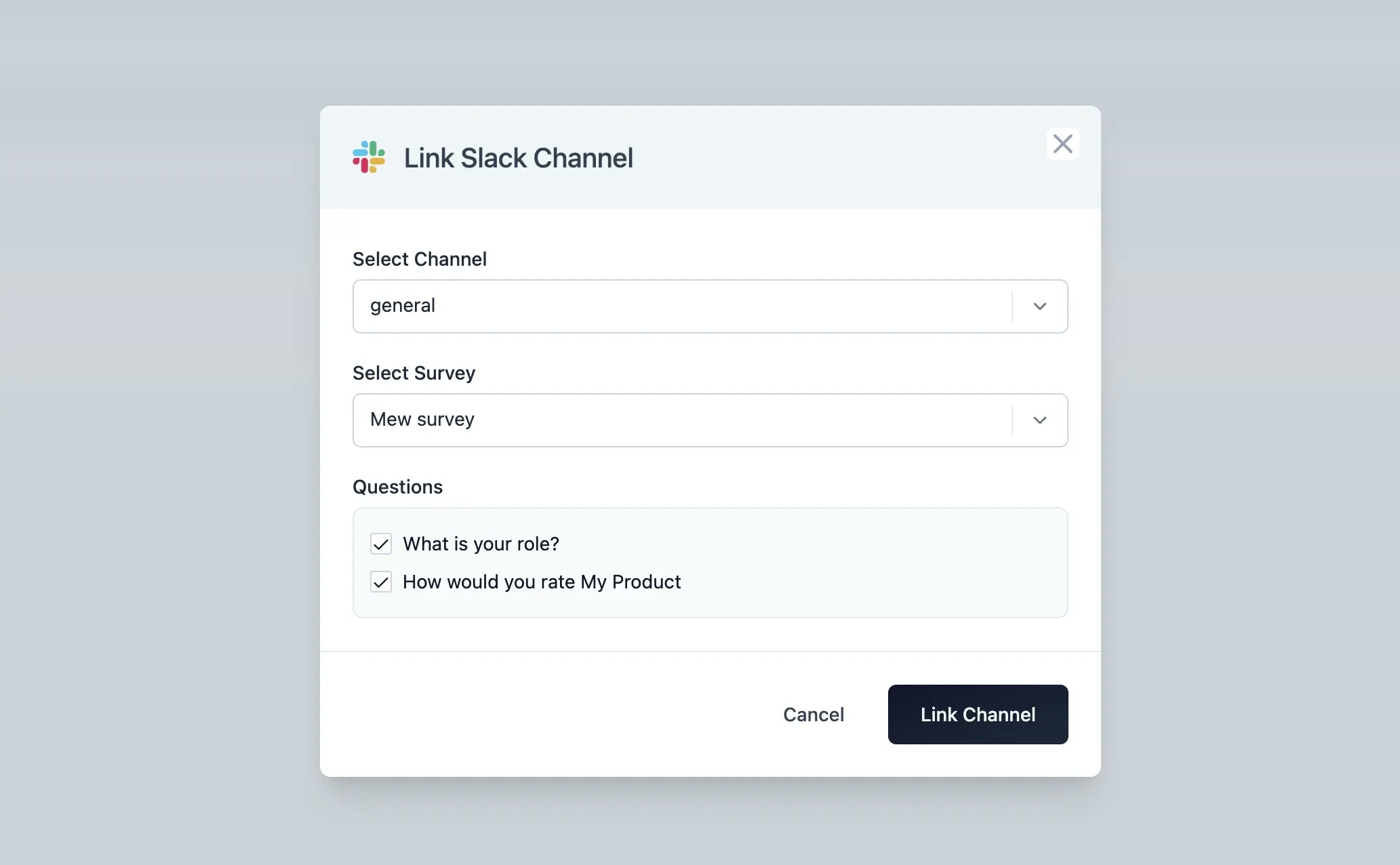 Select question to link with Slack Channel