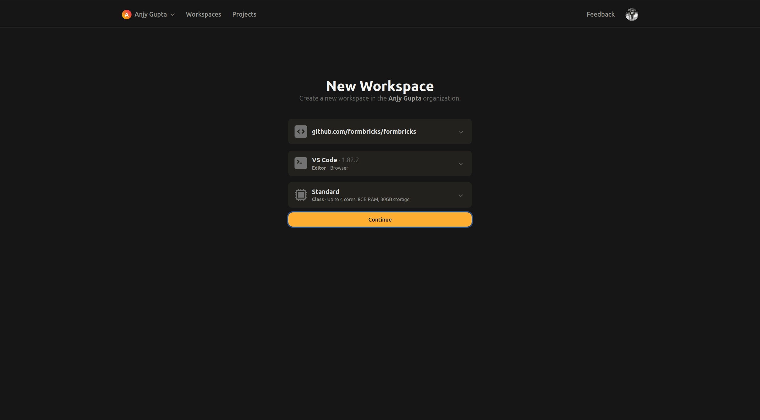 Gitpod New workspace Page